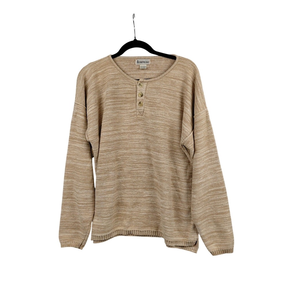 Aeropostale Mens‎ Tan Striped Knit Henley Sweater Long Sleeve Size M